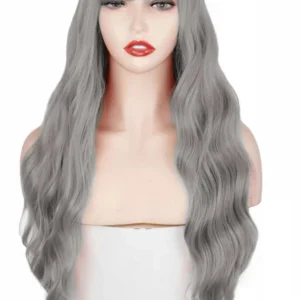 Peluca Gris Oscuro Ondulada Larga con Fleco