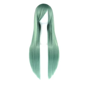 Peluca SW01 Verde Niebla Lisa Larga con Fleco
