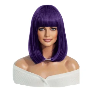 Peluca Morado Oscuro Melena Lisa Corta con Fleco