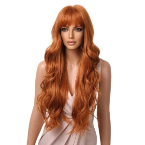 Peluca Naranja Cobrizo Ondulada Larga Con Fleco Cosplay
