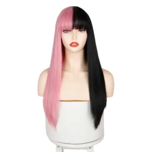 Peluca Bicolor Negro Y Rosa Cabello Liso Kanekalon